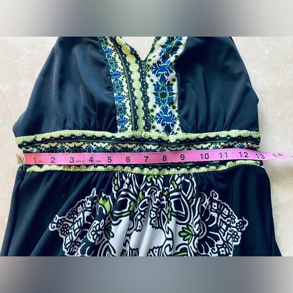 🌿 Boho V-Neck Maxi Dress – Black, Green & White Print – Size Small - Picture 5 of 7